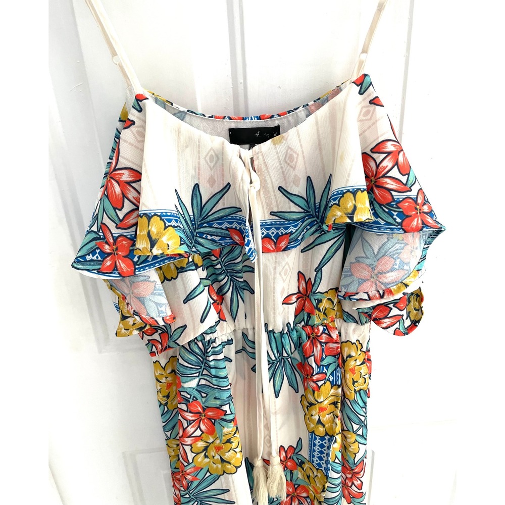 Tropical Floral High Low Maxi Dress Cold Shoulder Tassel Tie Cream Multi Medium - Picture 2 of 5
